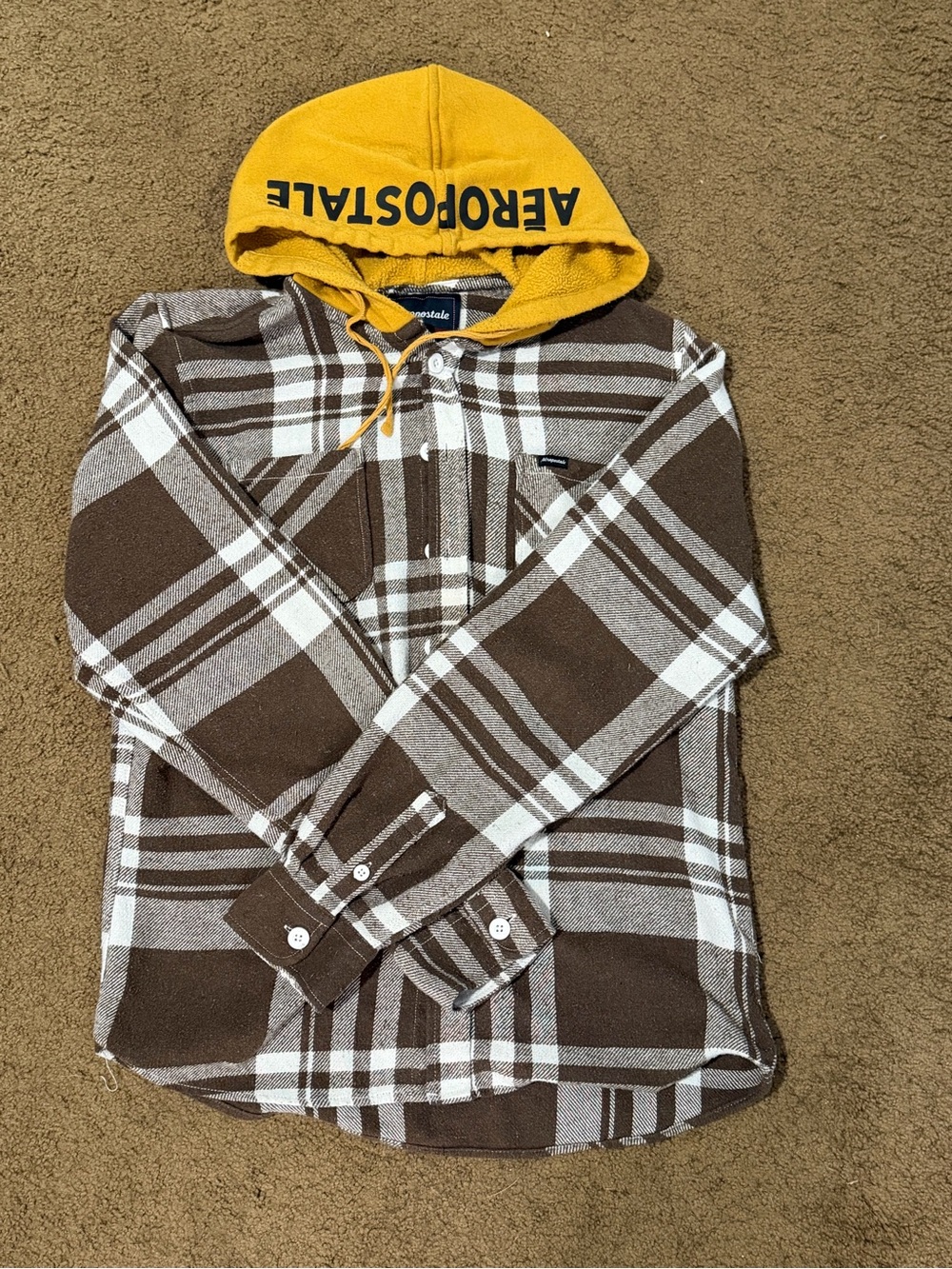 Aeropostale Brown Plaid Hooded Flannel Shirt - Yellow Hood
